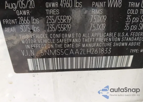 2020 Hyundai Santa Fe Limited 2.0T z USA, uszkodzony, nr VIN 5NMS5CAA2LH261833